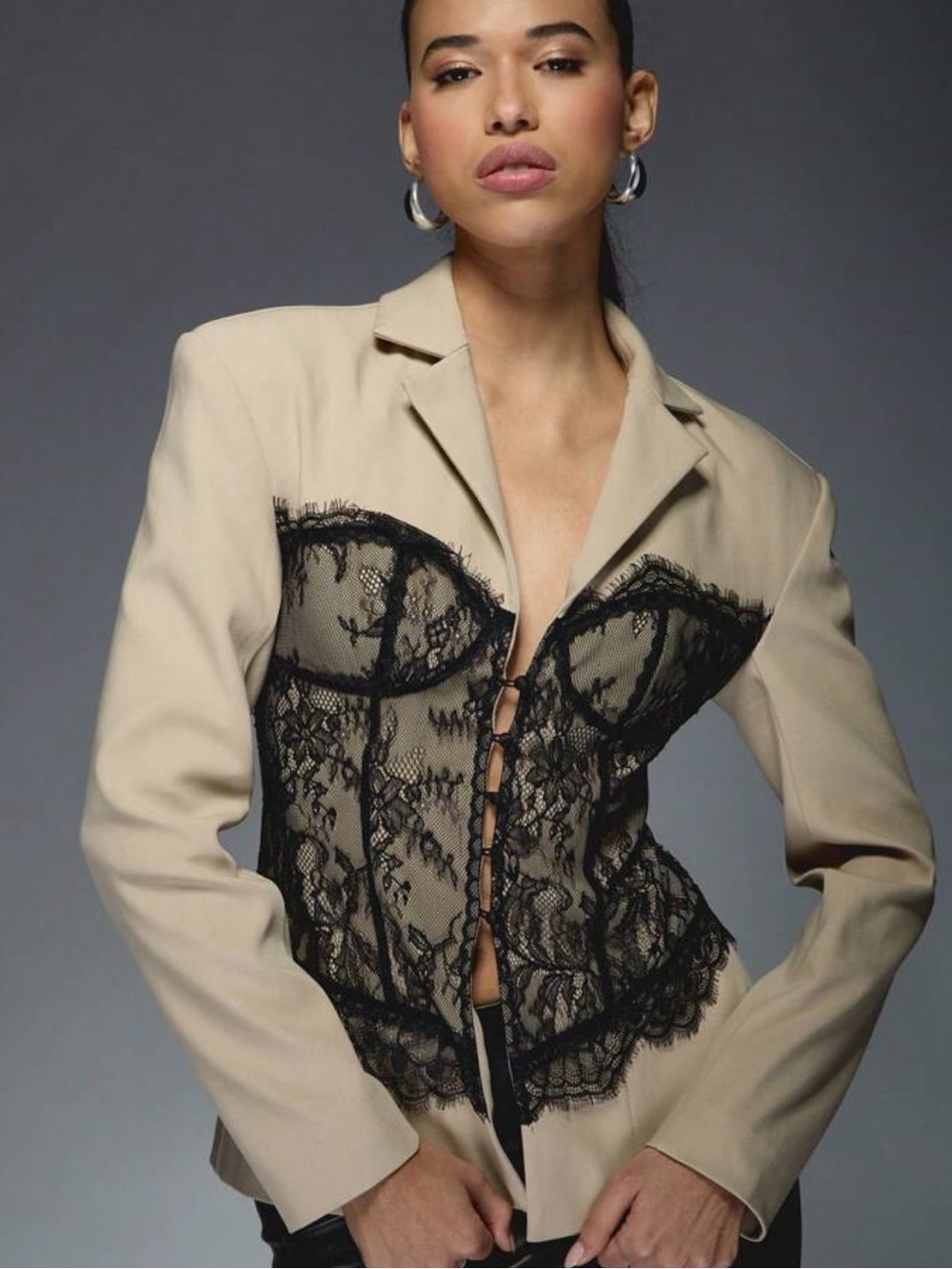 Beige Lace-Panel Blazer Jacket - Women's